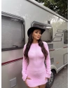Pembe Sırt Dekolteli Gofre Mini Elbise