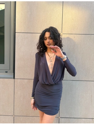 Antrasit Kruvaze Yaka Vatkalı Elbise