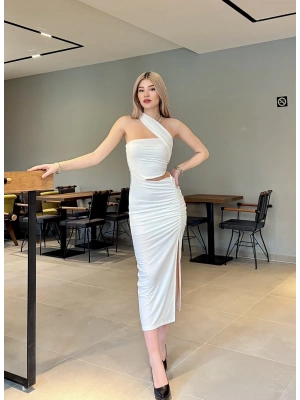 Beyaz Bel Detay Uzun Elbise