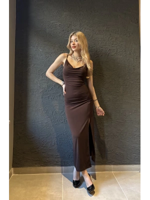 Kahverengi Degaje Yaka Uzun Elbise