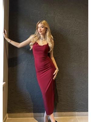 Bordo Degaje Yaka Uzun Elbise