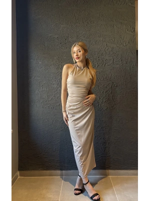 Bej Drapeli Sırt Detay Uzun Elbise