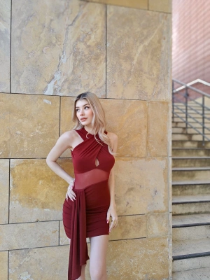 Bordo Tül Detay Tasarım Elbise