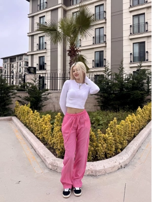 Pembe Beli Lastikli Salaş Pantolon