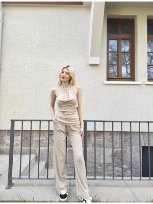 Bej Degaje Yaka Sırt Detay İkili Takım