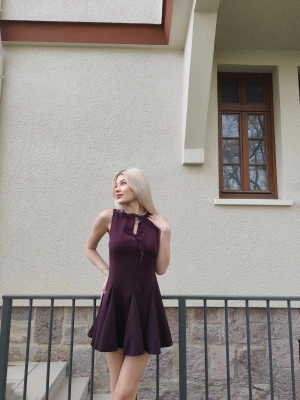 Mor Bağlama Detay Tasarım Mini Şortlu Elbise