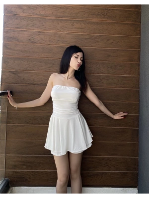 Beyaz Straplez Şortlu Elbise