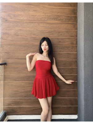 Kırmızı Straplez Şortlu Elbise