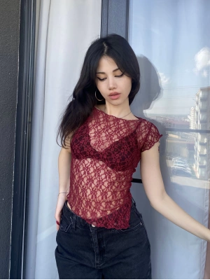 Bordo Asimetrik Dantel Detay Bluz