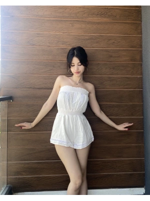 Krem Straplez Şortlu Tulum