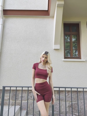 Bordo Kısa Kollu Tayt Takım
