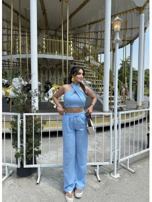 Mavi Keten Bağlamalı İkili Takım