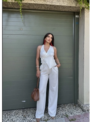 Beyaz Kruvaze Yaka Bağlamalı İkili Takım