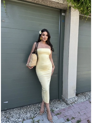 Sarı Straplez Yırtmaç Detay Uzun Elbise