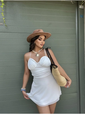 Beyaz Tül Sırt Detay Mini Elbise