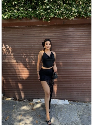 Siyah Degaje Yaka Dantelli Etek Takım