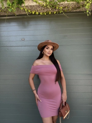 Gül Kurusu Madonna Yaka Mini Elbise