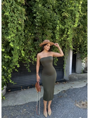 Haki Straplez Uzun Basic Elbise
