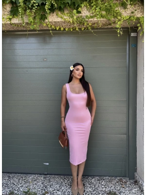 Pembe Kare Yaka Uzun Basic Elbise