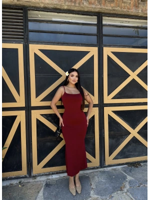 Bordo Askılı Çan Elbise