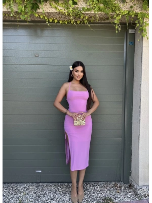 Pembe Sırt Detay Uzun Elbise