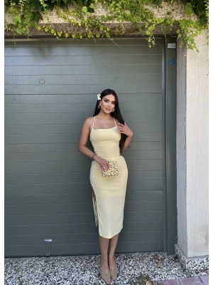 Sarı Sırt Detay Uzun Elbise