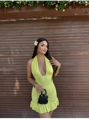 Sarı Boyundan Geçirmeli Drapeli Mini Elbise