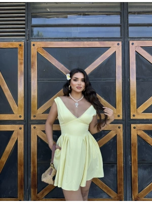 Sarı Dantel Detay Cepli Elbise