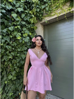 Pembe Dantel Detay Cepli Elbise