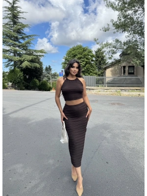 Kahverengi Boyundan Bağlamalı İkili Etek Takım