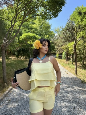 Sarı Tensel Askılı Bluz Şort Takım