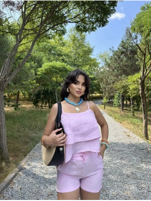 Pembe Tensel Askılı Bluz Şort Takım