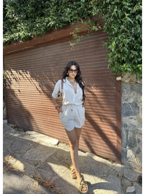 Bej Keten Gömlek Takım