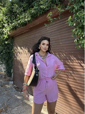 Pembe Keten Gömlek Takım