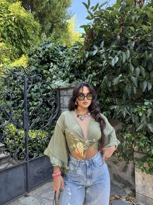 Haki Bağlamalı Crop Bluz