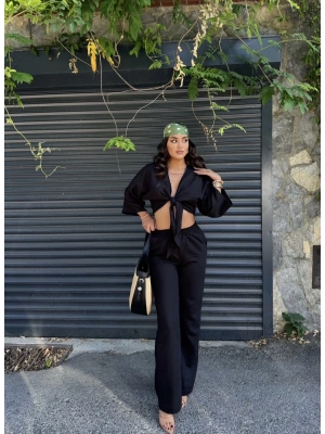 Siyah Keten Önden Bağlamalı Takım