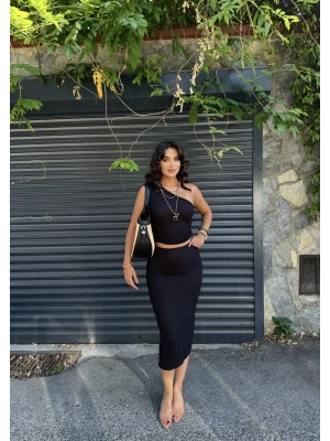 Siyah Midi Boy Bürümcük Etek Takım