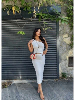 Beyaz Midi Boy Bürümcük Etek Takım