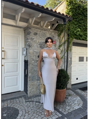 Gri Sırt Detay Tasarım Saten Elbise