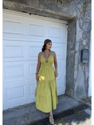 Yeşil Sırt Detay Keten Elbise