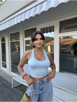 Mavi Boyundan Geçirmeli Crop