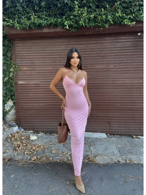Pembe V Yaka Uzun Premium Elbise