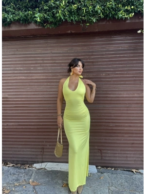 Sarıı Boyundan Bağlanmalı Drapeli Uzun Elbise