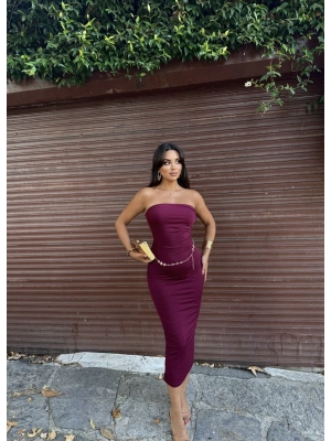 Bordo Drapeli Straplez Elbise