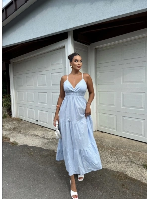 Mavi Sırt Detay Keten Elbise