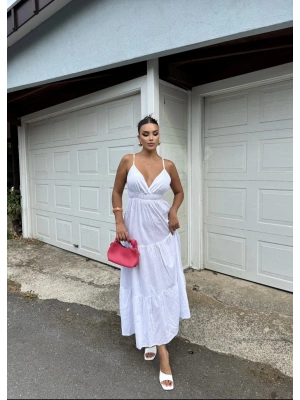 Beyaz Sırt Detay Keten Elbise