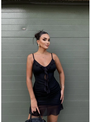 Siyah Askılı Tül Detay Mini Elbise