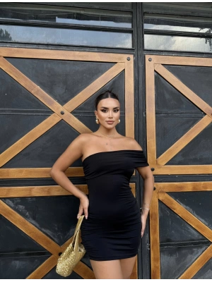 Siyah Tek Omuz Tasarım Mini Elbise