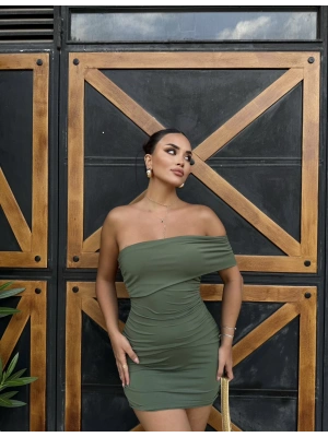 Haki Tek Omuz Tasarım Mini Elbise