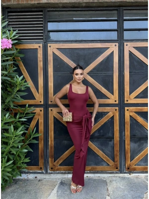 Bordo Kare Yaka Tasarım Uzun Elbise